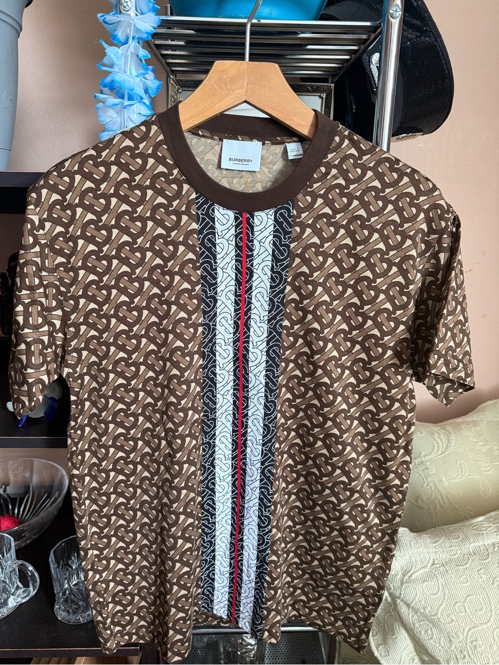 Burberry Brown Monogram Short-Sleeve Tee with Center Stripe